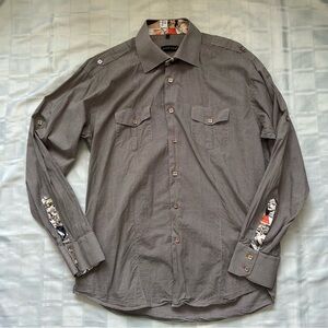Jared Lang Long Sleeve Grey Checkered Pattern Comic Strip Button Up Shirt